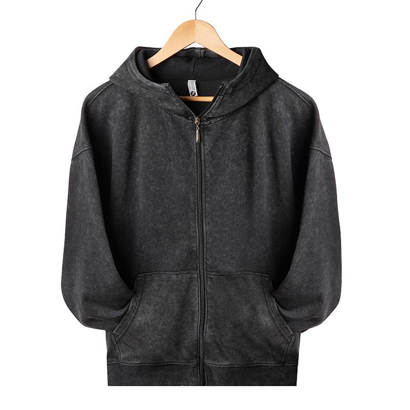 New Trendy Loose-Fit Washed Cotton Zip-Up Hoodie - Solid Color M