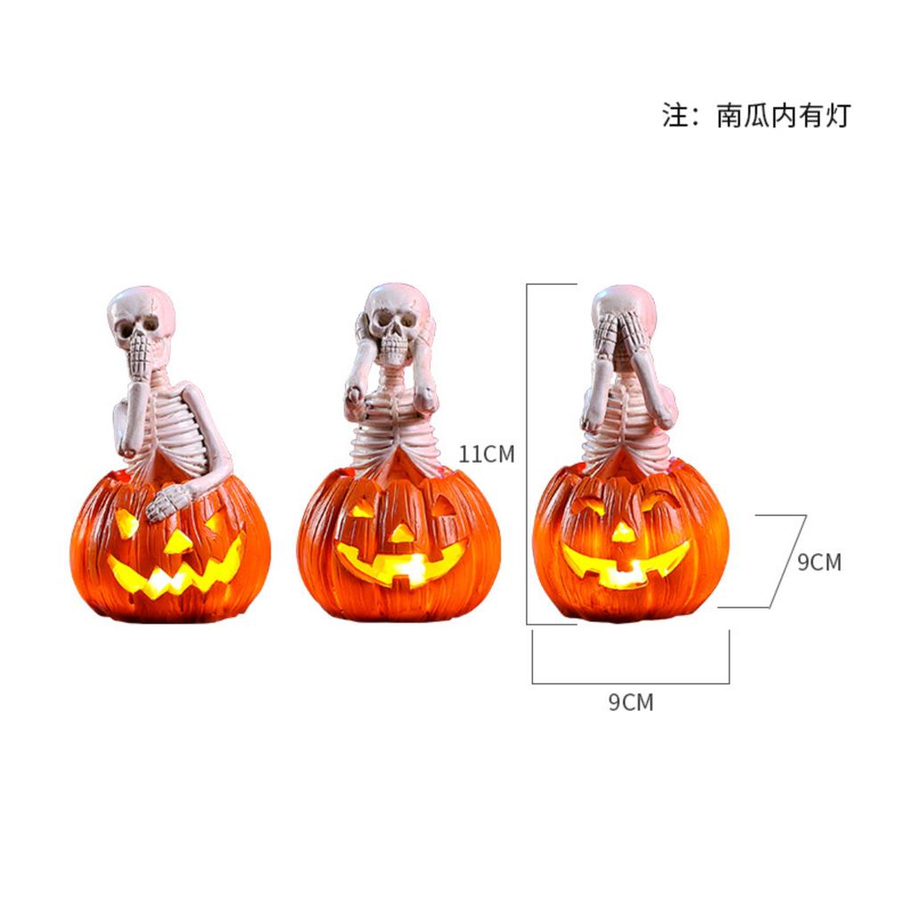Halloween Decorative Light Up Skeleton Pumpkin Figurines Set of 3 Pieces for Indoor Outdoor Tabletop Display Holiday Theme