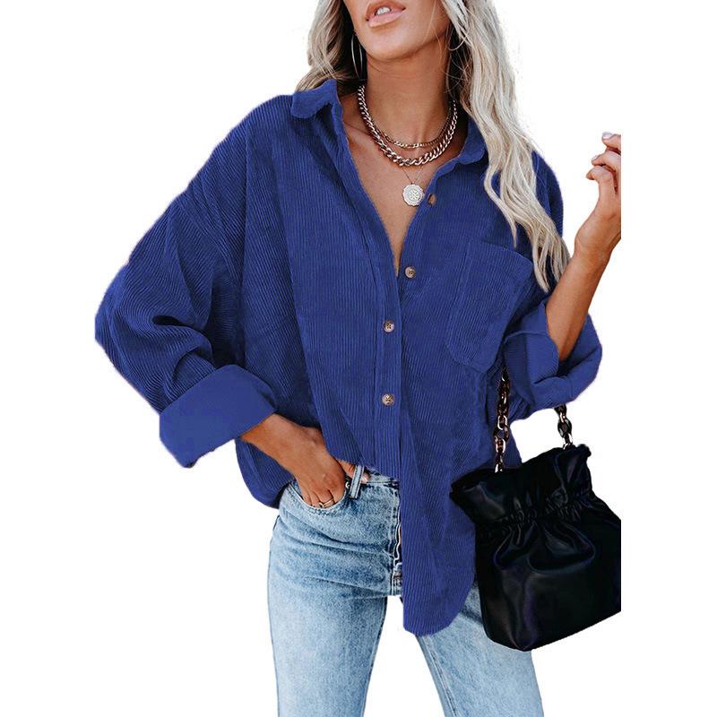 Damer Casual Manchestervårdblus Randig Damer Skjortjacka Vintage Knapp Ficka Lös Mode Blusar Toppar Plus Size