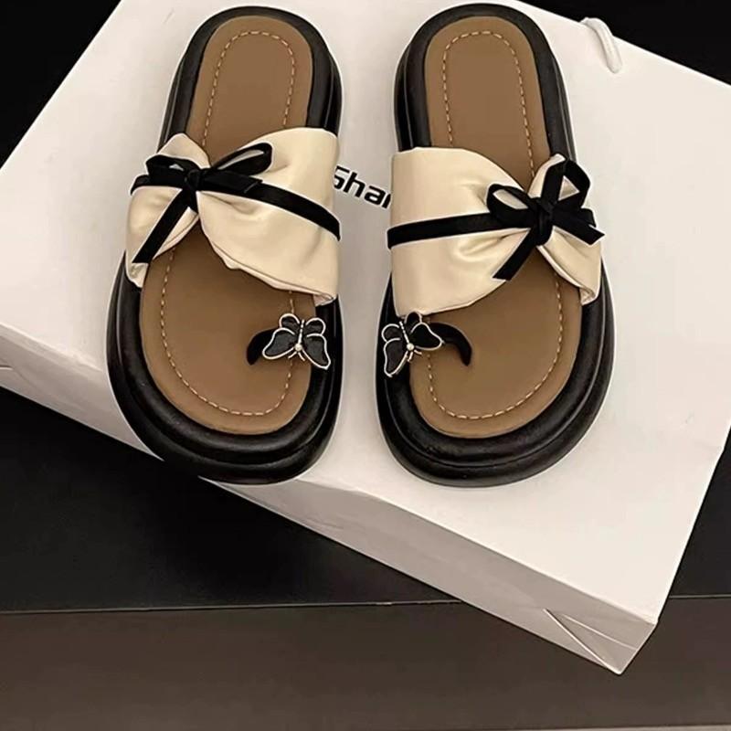 

Slippers women s new thick-bottomed round head bow toe in the summer of 2024 fashionable versatile cool slippers 35 чёрный