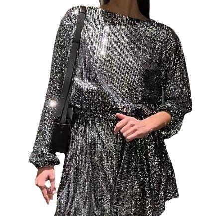 European And American New Holiday Party Fashion Sequins Beads Solid Color Waist Dress Small Dress Dress