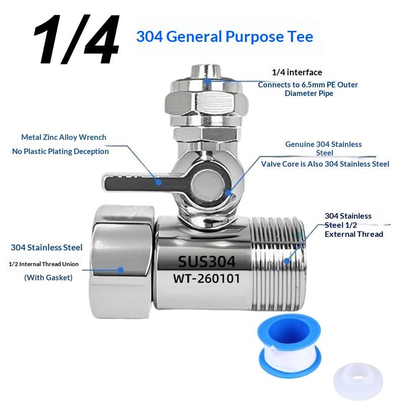 1 Set Tap Tee B Cold Hot Water Pipes Home Accessories 1/2" To 1/4"3/8" With Shut-Off Ball Valve RO Feed Water Adapter