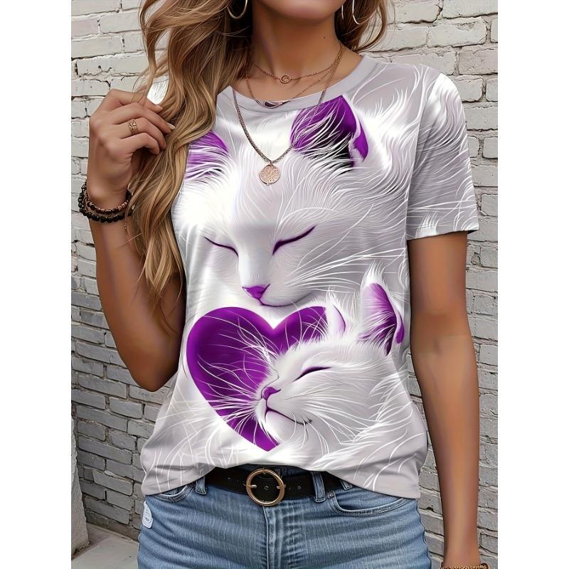 Elegant directional printed round neck Western style wave Western style loose T-shirt women s top S
