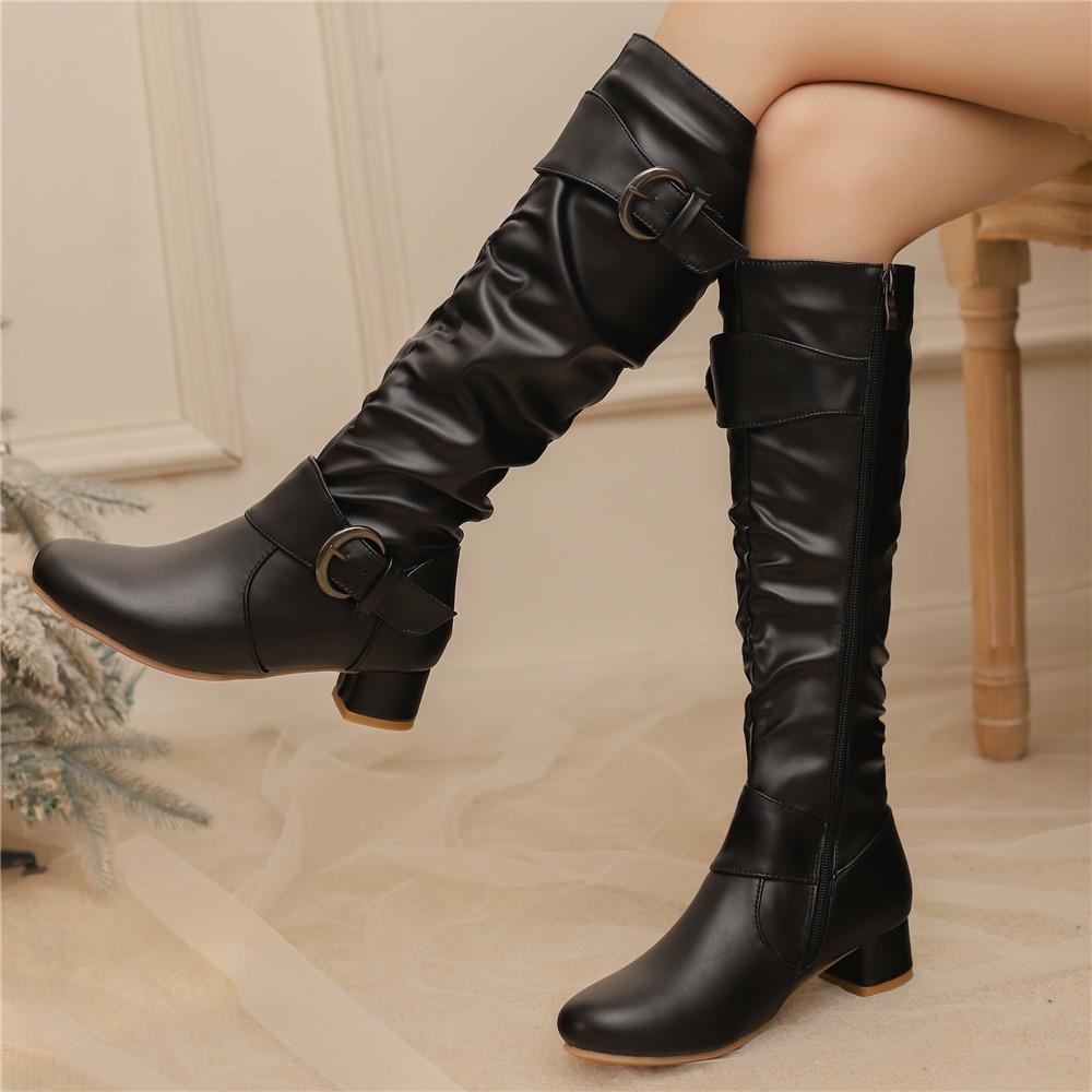 Classic Women Knee High Boots Ankle strap Buckle Round Toe Block Heels Size 34-48 Pleated Fashion Booties Autumn Winter New