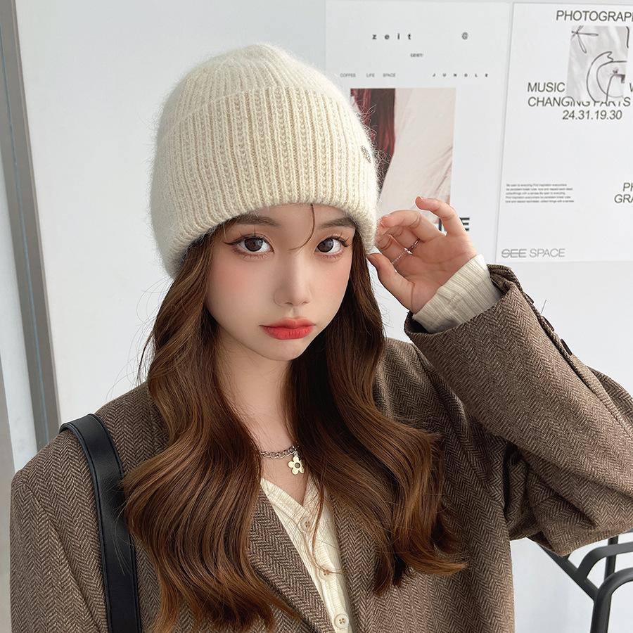 Women’s Casual Solid Color Rabbit Fur Hat with Decorative Buckle and Ear Protection Knitted Hats