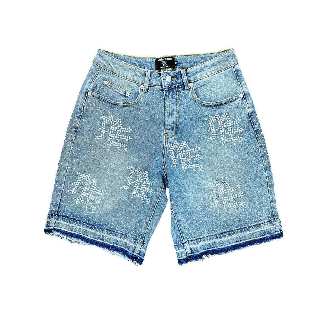 VibeStreet Lettering Denim Shorts Jeans for Mens Womens Hip Hop Vintage Blue Baggy Shorts Over The Knee Pants