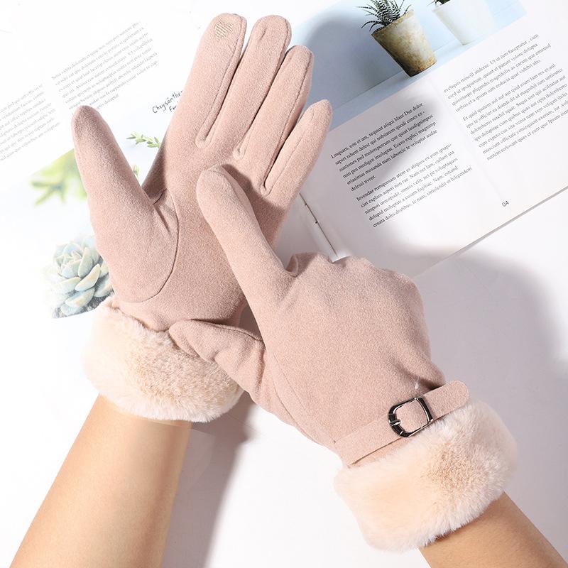 

Плюшевые перчатки с металлической пряжкой на манжетах, однотонные утолщенные теплые перчатки, женские стильные универсальные морозостойкие перчатки One size бежевый