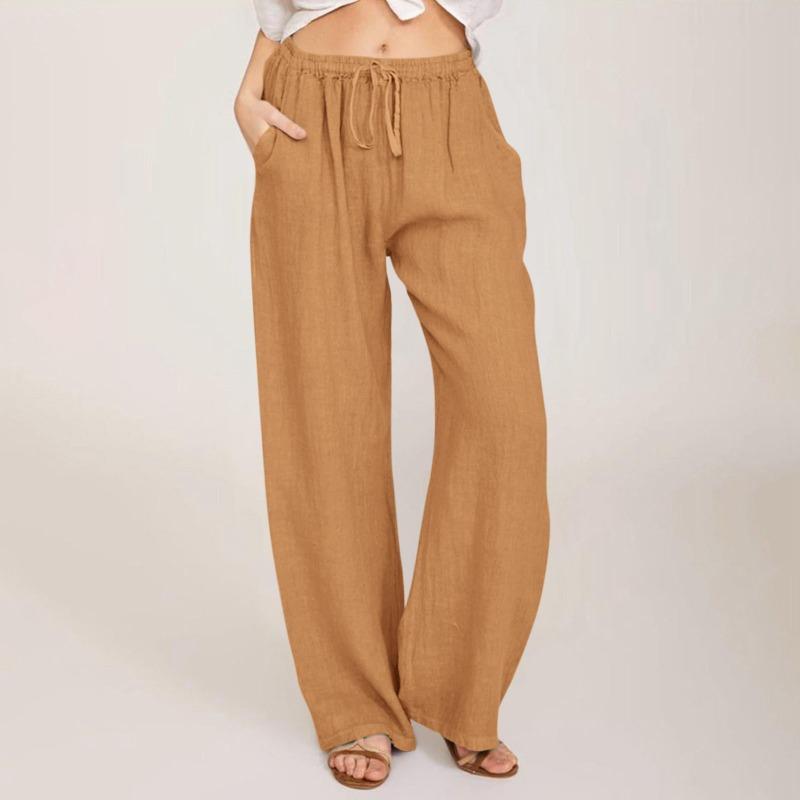 Casual Loose Wide-Leg Linen Pants with Elastic Lace-Up Waistband and Pockets