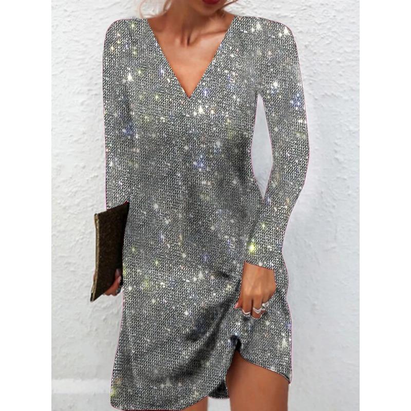 IHUASU Fashion Autumn Winter Solid Color Print Long Sleeve V-Neck Casual Dresses Unique design