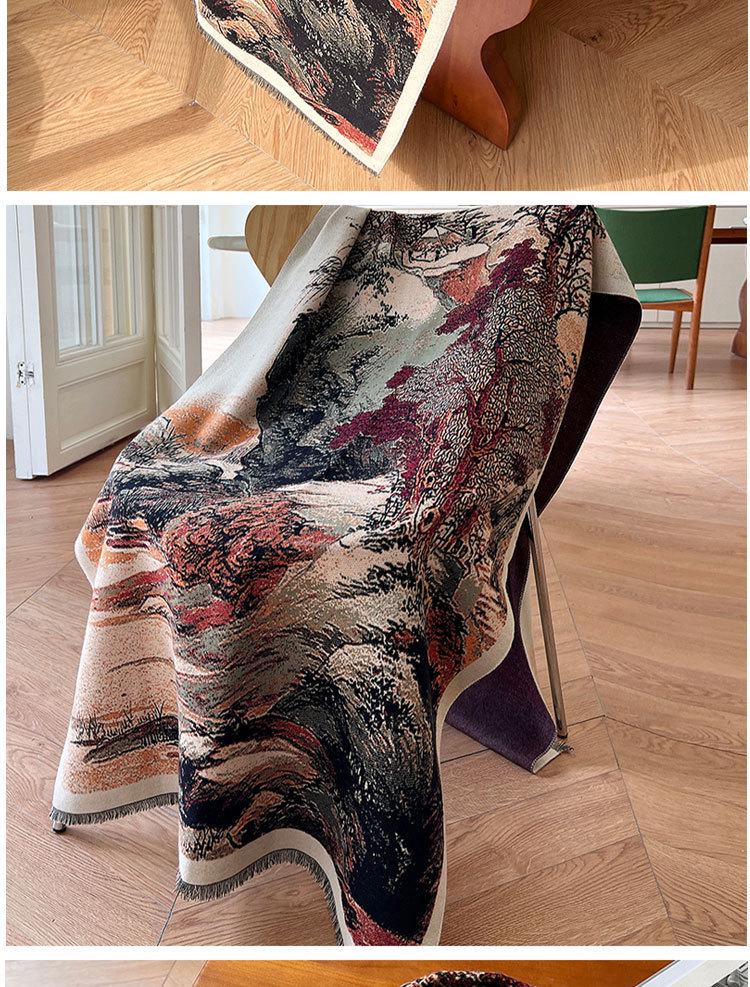 Ethnic Style Landscape Oil Painting Scarf - Autumn/Winter Fashion for Female Students, Warm Imitation Cashmere Shawl