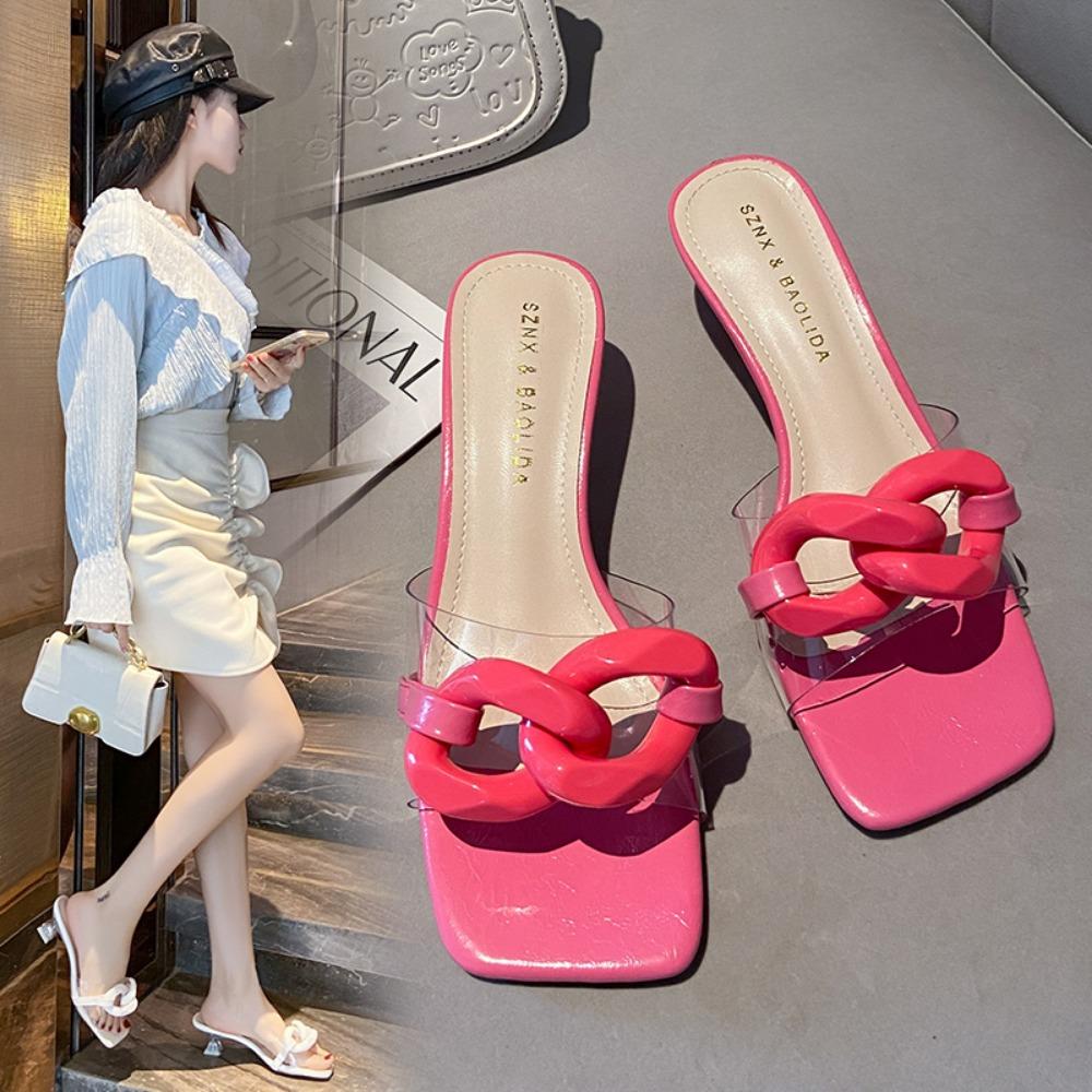 Fashion Sexy High Heels Slippers for Women New Summer Pumps Ladies Thin Band Square Toe Sandals Mules Party Shoe Sandalias De Mujer