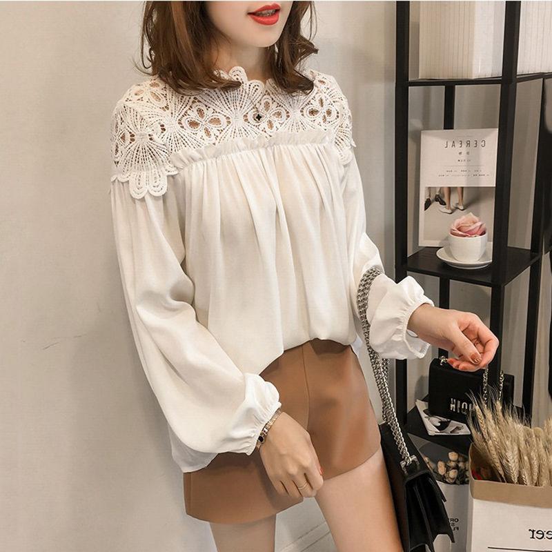 

Новая большая футболка с длинным рукавом, модный шифоновый топ с цветочным крючком и полым кружевом для женщин L белый