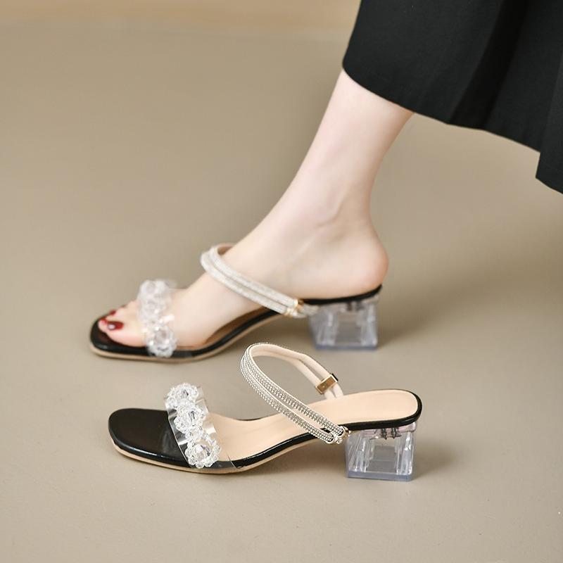 Fashion 2025 Summer New Arrival Women's Crystal Rhinestone Chunky Heel Sandals - Stylish Open Toe Mules for  Dresses & Casual Outfi