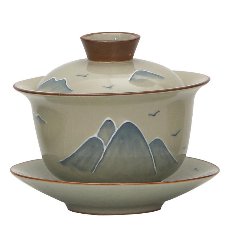 Stacking Carving Ge Kiln Hand-Painted Distant Mountain Cover Bowl Hovering Retro Three Talents Cover Bowl Teacup Is Not Hot, Kung Fu Tea Bowl Tea Cup