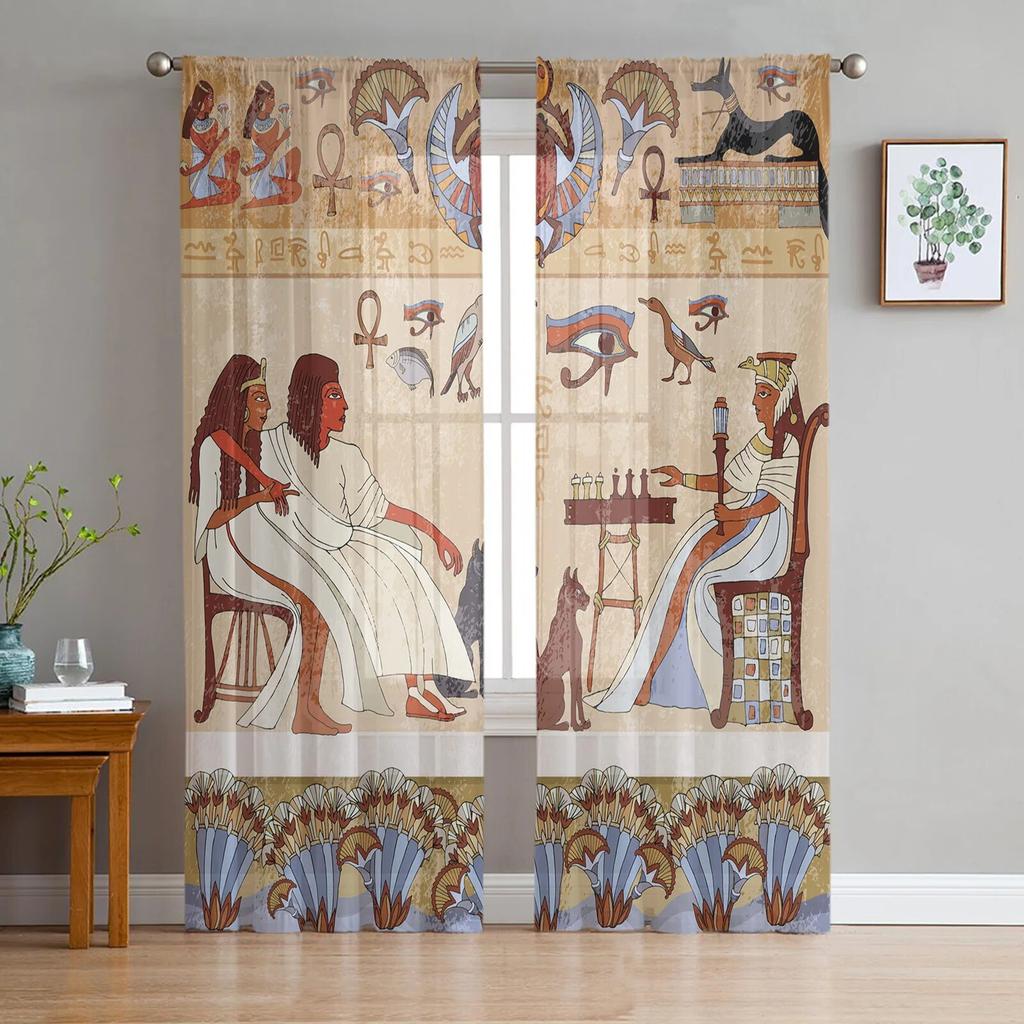 Stamkonst egyptisk vintage etnisk skira gardiner för vardagsrum Transparent Tyll Fönster Gardin Sovrum Kök Slöja Draperier