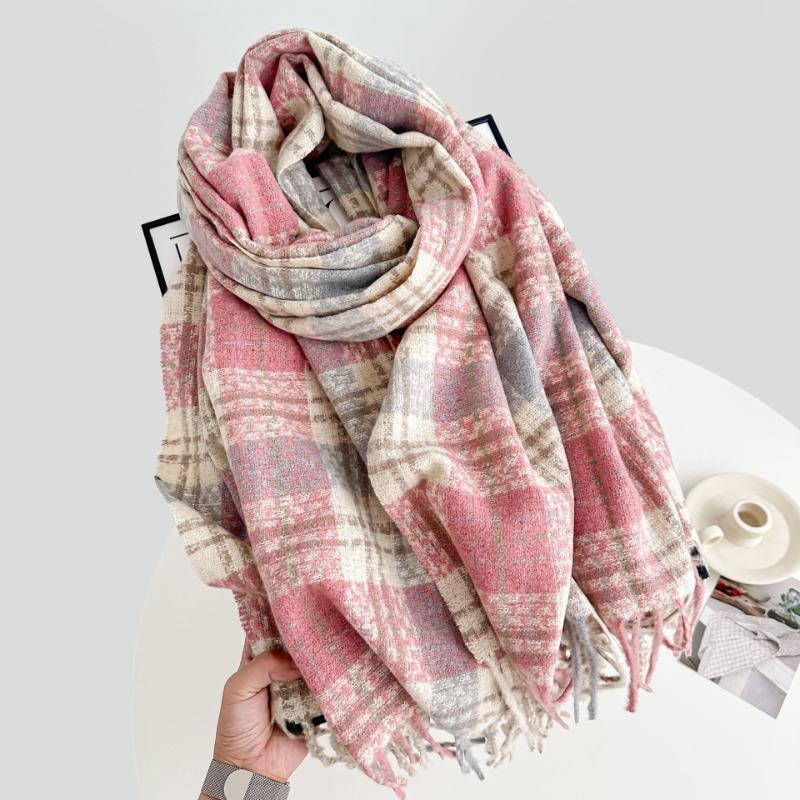 Retro new plaid scarf women's autumn and winter versatile warm thickened imitation cashmere shawl scarf dual-purpose