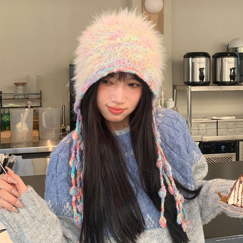 Autumn and winter color retro knitted lace-up women's warm mixed color feather yarn ear protection fringed wool hat