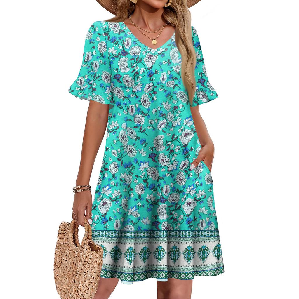 Women A Line Sun Dress Short Sleeve V Neck Printed Dress With Pockets