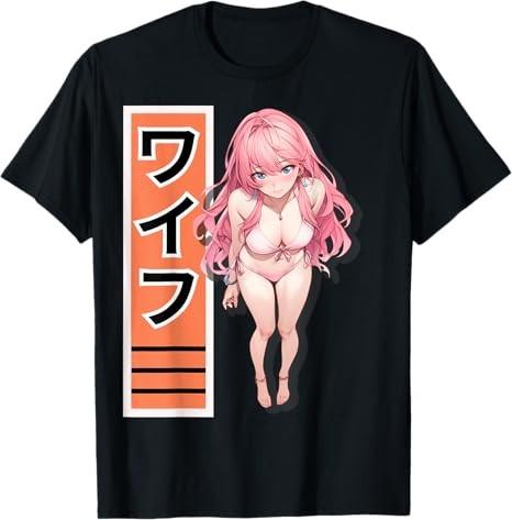 Anime Sexy Pink Hair Waifu Kawaii Pose Black TShirt S