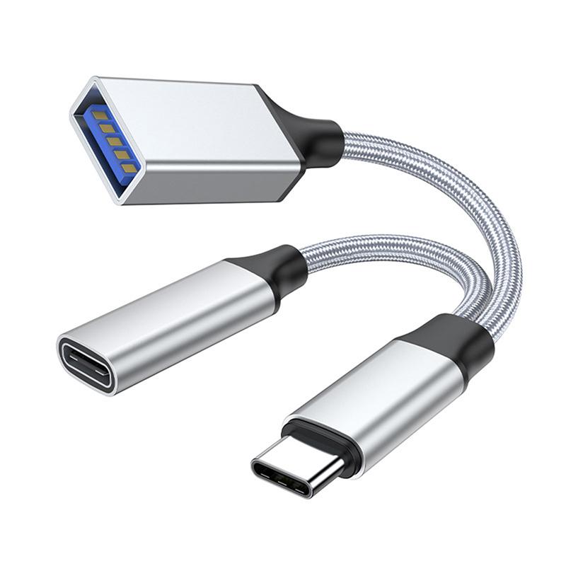 

USB C OTG Cable Phone Adapter 2 In 1 Type C Male To USB C Female Charging Port With USB Female Splitter Adapter срібний