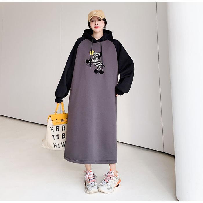 Long Sleeve Dress Women's Spring and Autumn New Small Loose and Skinny Hooded Wear Dress Large Size Knee Long Skirt