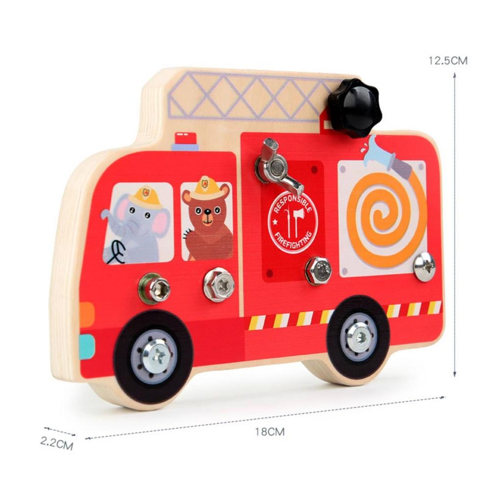 Nut Assembly Toy Threaded Holes Wooden Fire Truck Red Printed ScrewandNut Play Board