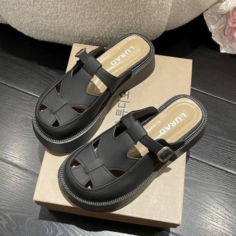 Summer new hollow big head thick bottom bag head sandals bag head half slippers women's muffin and cool slippers