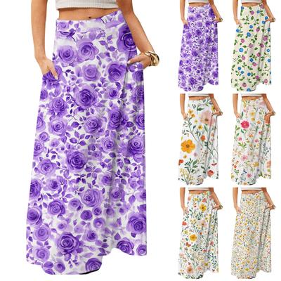 Women's Casual Leisure Foldable Floral Print High Waist With Pocket Draped  Relaxed Long Maxi Skirt