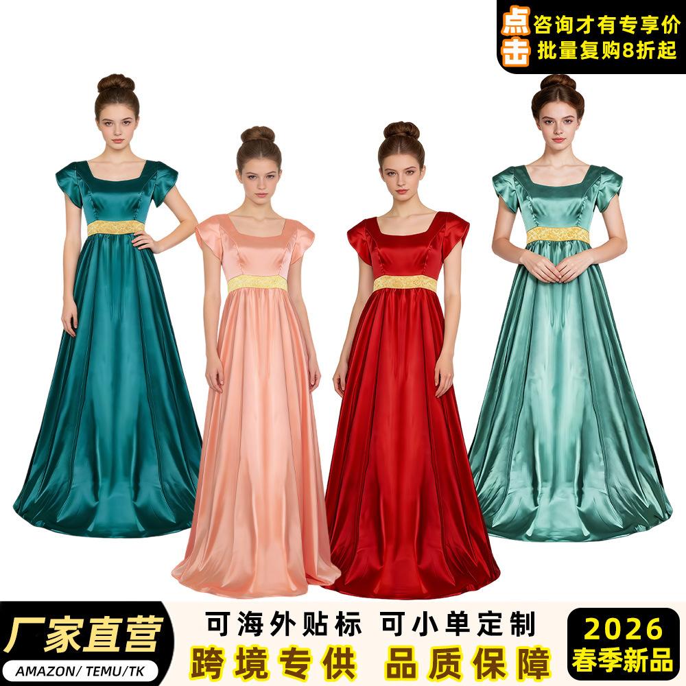 Bridgeton Regency Dress Silk Satin Bubble Sleeve Long Dress Halloween Victorian Cosplay Dress