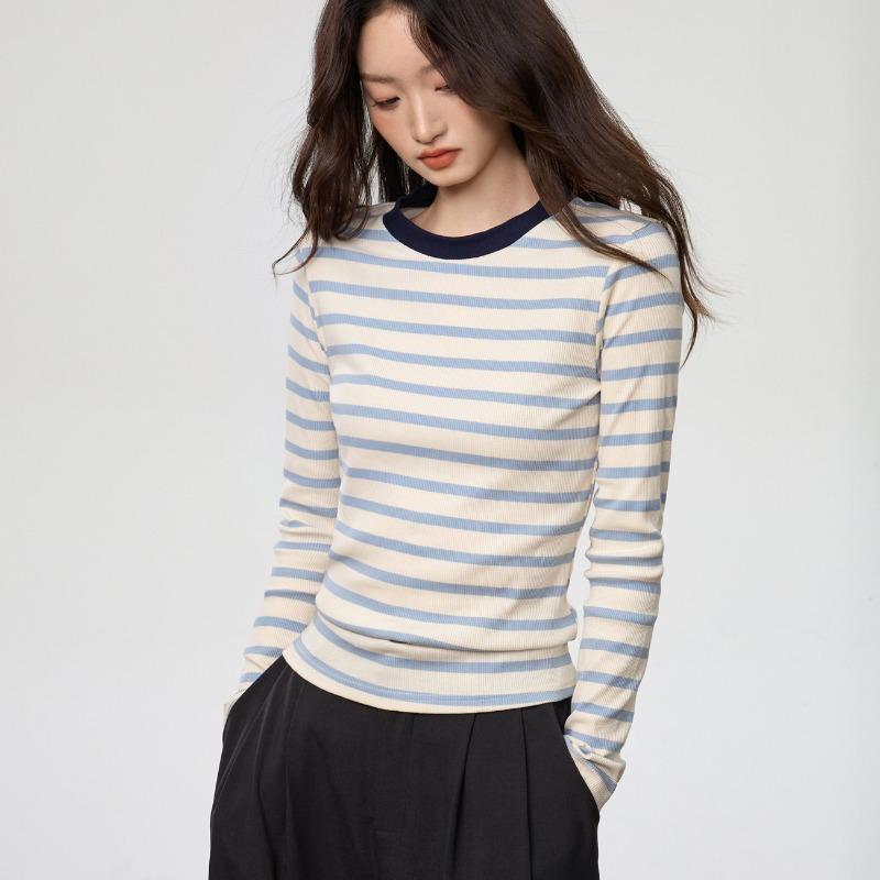 Contrast Color Striped Round Neck Long Sleeve T-Shirt Women's New Autumn Winter Slim Fit Bottoming Top