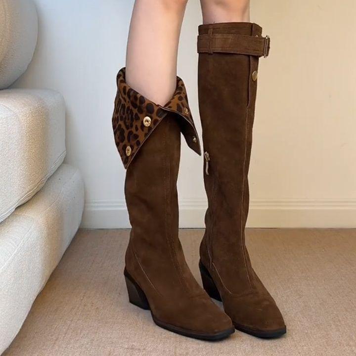 Fashion Baiqiuwinter new Spice Girl personality retro leopard print fashionable boots women wear thin western cowboy boots