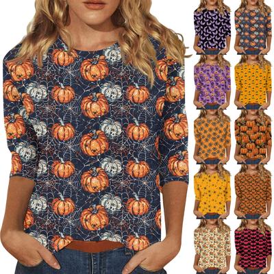 Women's Fashion Casual Three-quarter Sleeve Halloween Printed Round Neck Top