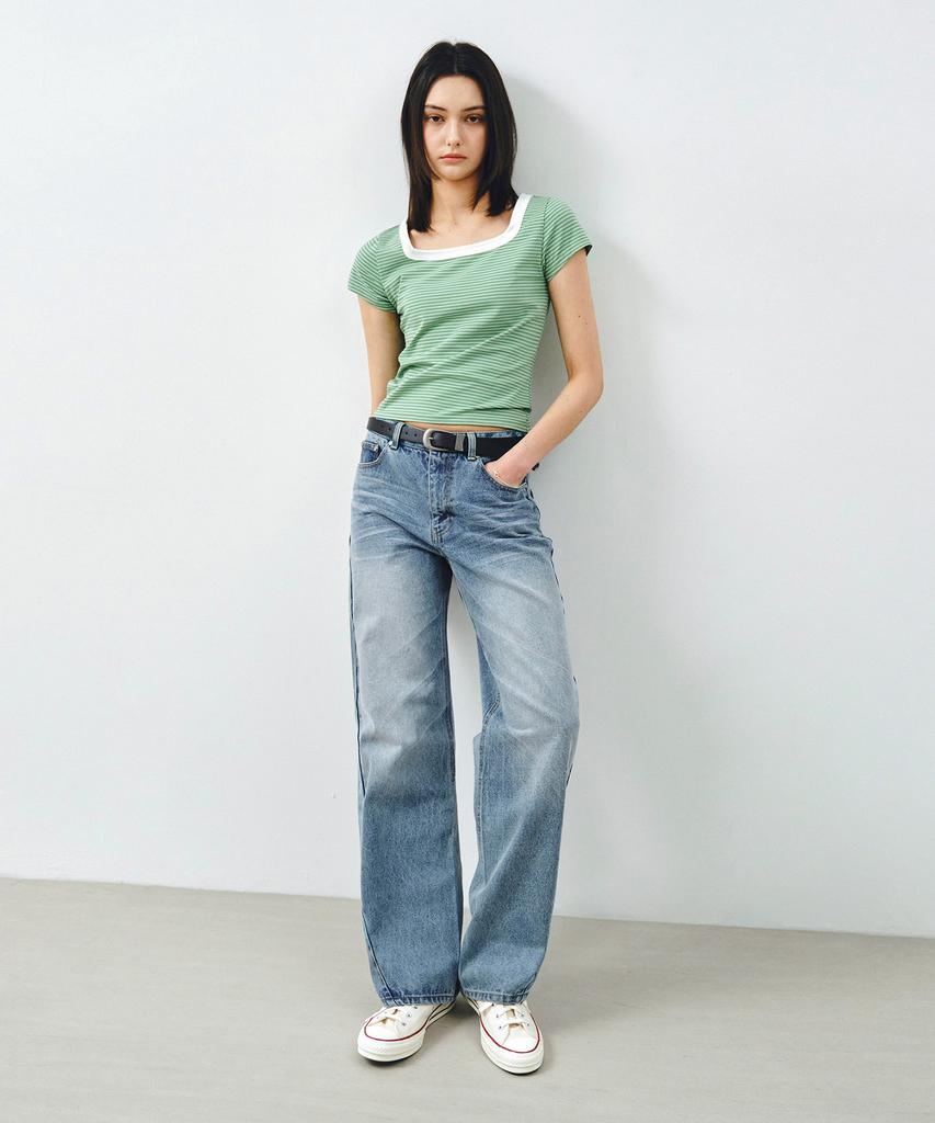 MONGDOL Square Neck Striped Short Sleeve T-Shirt Green Mdts098Green