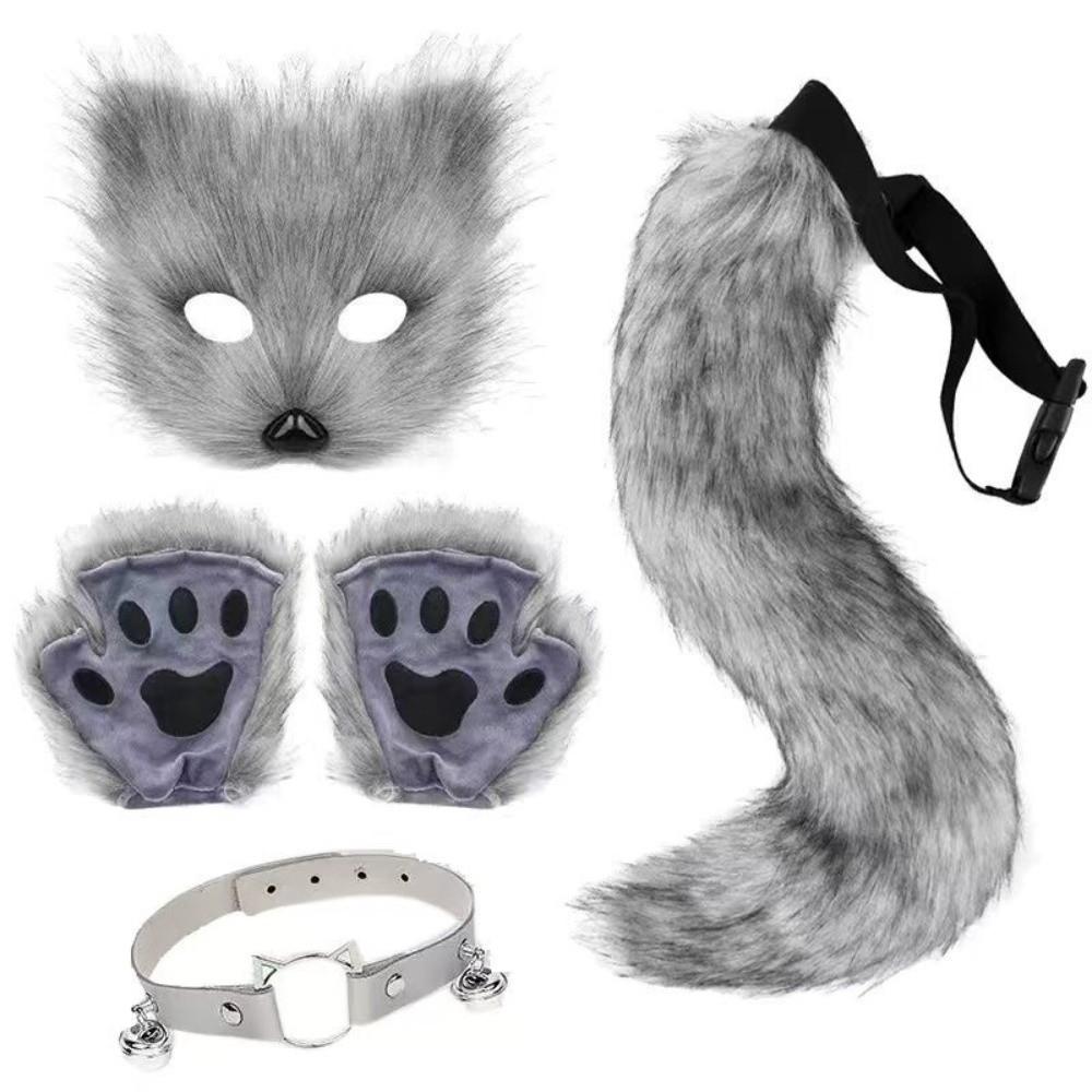 Funny Animal Costume Set Polyester Tail Mask Paw Gloves Full Set Plush Cosplay Mask Carnival