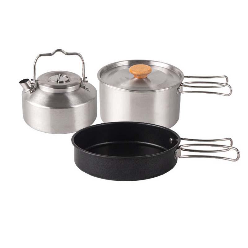 3-Piece 304 Stainless Steel Camping Cookware Set: Kettle, Frying Pan, Cooking Pot with Utensils