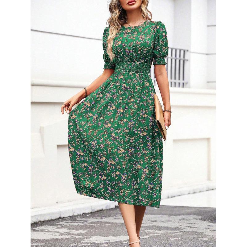 

Women Summer Puff Sleeve High Waist Floral Midi Vacation Print Long Comfortable Lightweight High Recognition Elegant with Flattering Chic Dress XXL