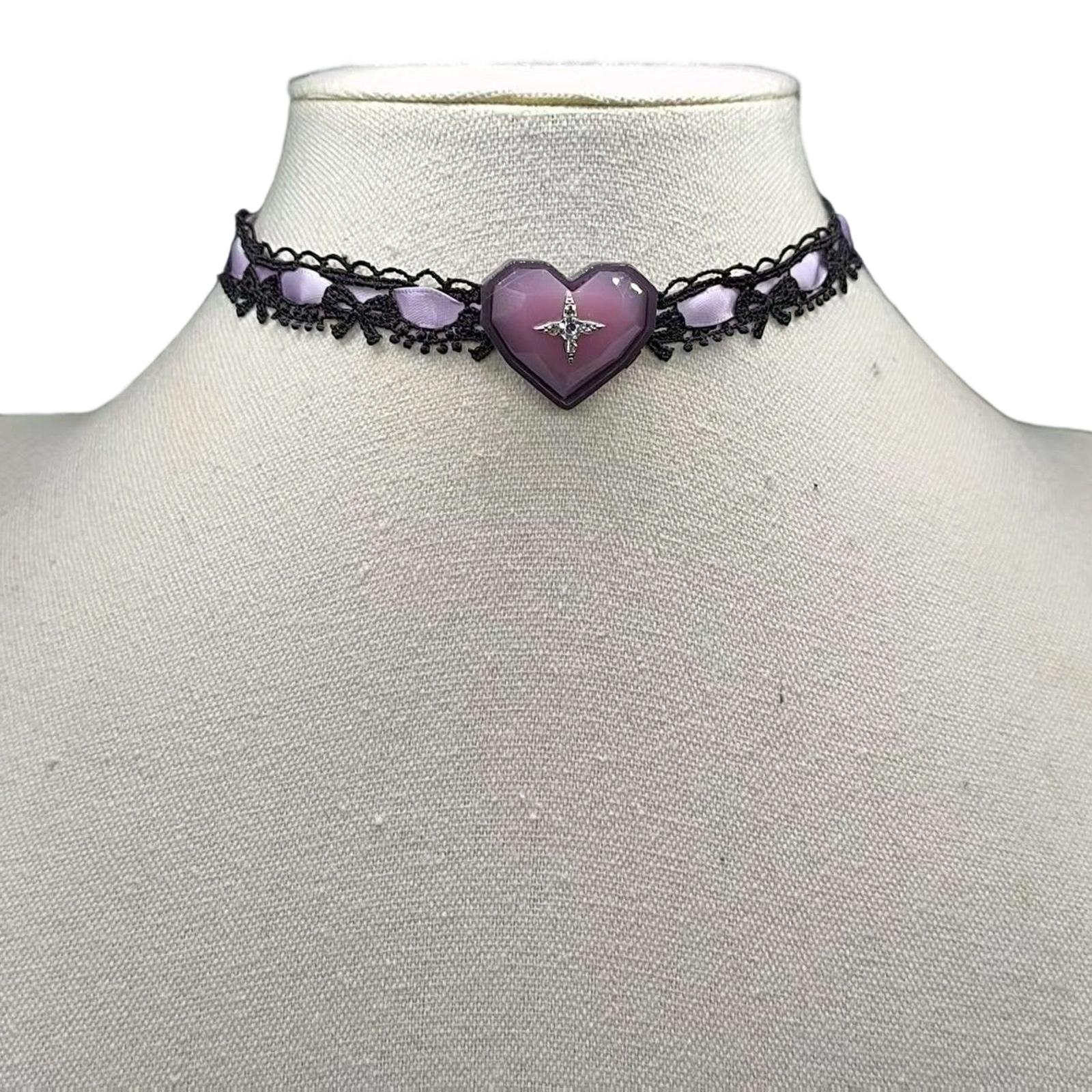 

Trendy Lace Trimmed Chokers Necklace In Lavender With Heart Charm Adjustable