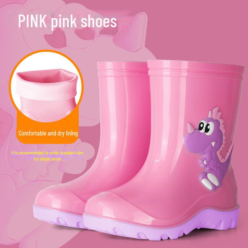 Cizme de ploaie cu dinozauri pentru copii: Pantofi de apă drăguți cu tub mediu și căptușeală de catifea pentru băieți și fete.