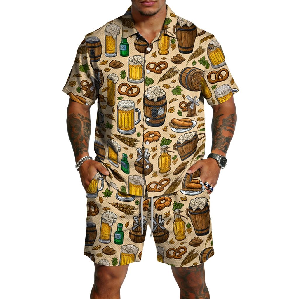 Herren Casual Kurzarmhemd und Shorts Set Bierfest Druck Knopfleiste Leichtes Sommeroutfit Entspannte Passform