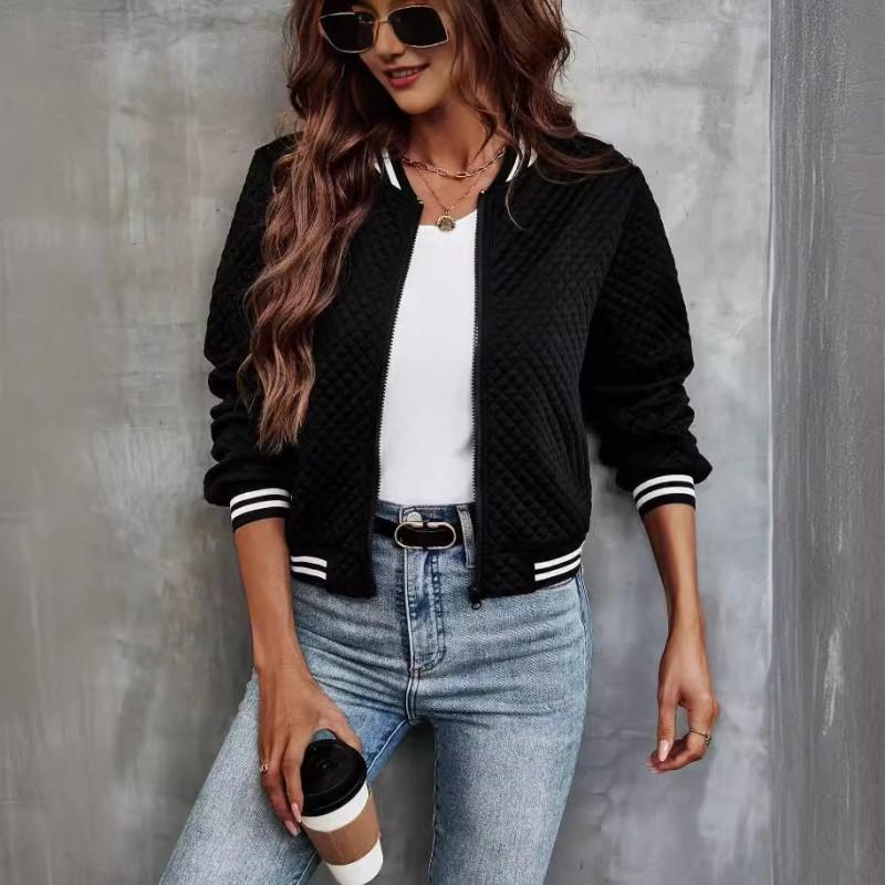 Womens Relaxed Fit Jacquard Stand Collar Zip-Up Baseball Jacket Casual Long Sleeve Top