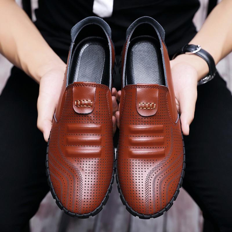 Leather shoes Young men pedal Doudou shoes soft sole hollow mesh breathable men's shoes lazy business casual leather shoes