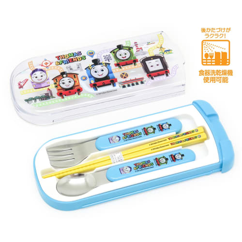 OSK Thomas the Tank Engine Trio Cutlery Set (CT-20) - Includes Chopsticks, Spoon, and Fork - Made in Japan, Sliding Design, Dishwasher Safe, Easy to U
