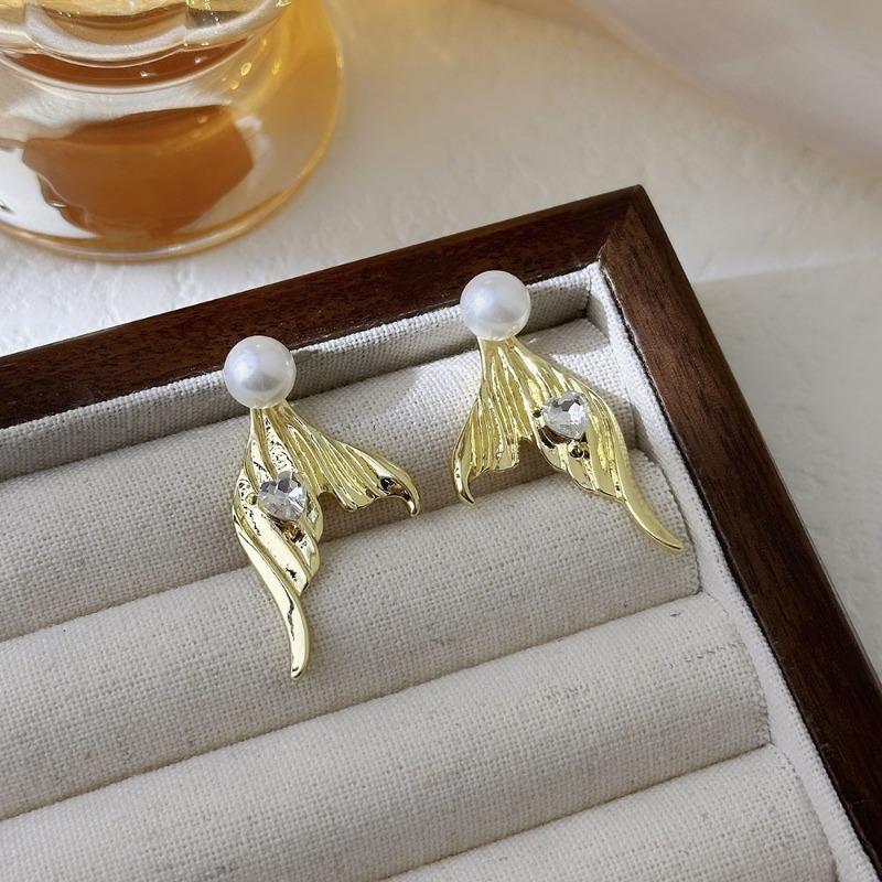 Boucle d'oreille clou Tendance Queue de Poisson Cœur Cristal Perle d'Imitation pour Femmes Tempérament Mignon Géométrie Bijou Cadeau
