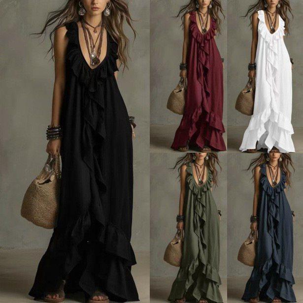 2026 Casual Bohemian Urban V-Neck Short Sleeve Ruffle Edge Vintage Dress Vacation Style