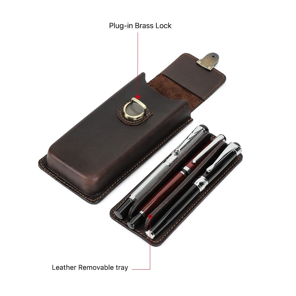 HIRAM Separate Design Pen Case for Fountain Simple Slim Holds 3 Genuine Leather Pens, Design, Pens, (Coffee)