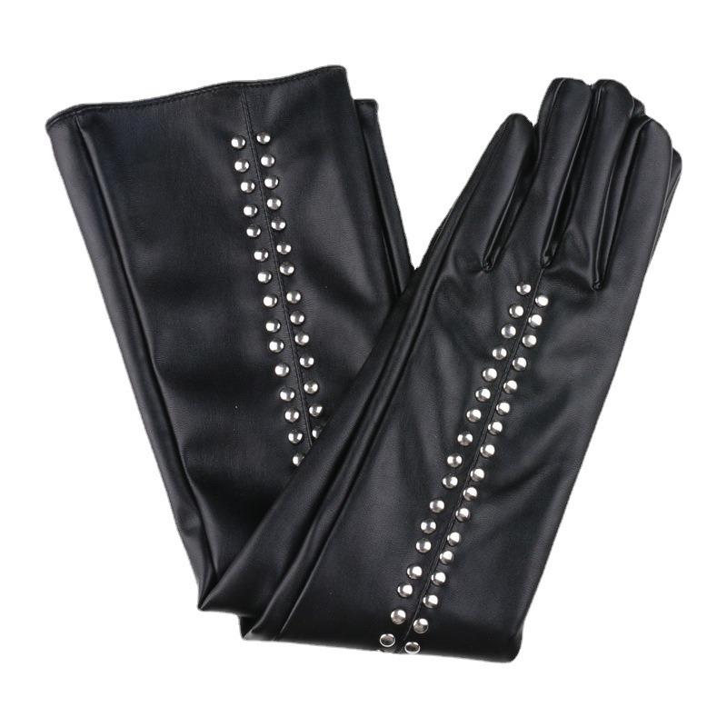 New Women's Leather Gloves Spring and Autumn Personalized Style Rivet Punk Black Sexy Extended Leather Gloves