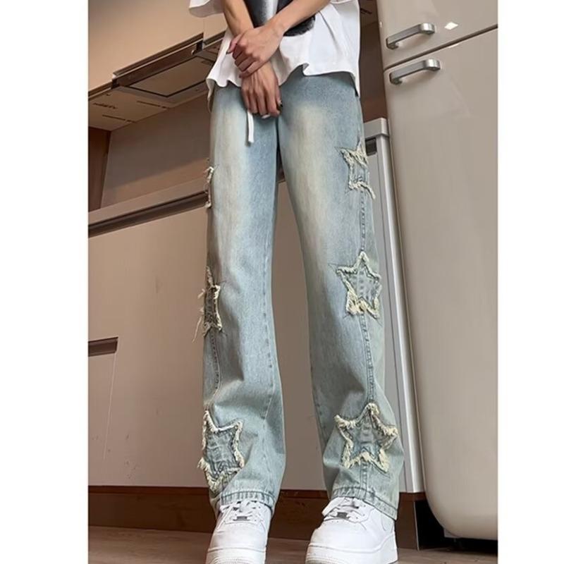 

Светло-голубые мужские расклешенные джинсы с вышивкой в виде звезд - Подростковый весенне-осенний стиль XL