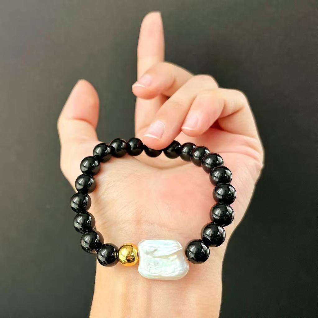 Vintage High Quality Natural Black Agate Freshwater Baroque Pearl Bracelet Bracelet