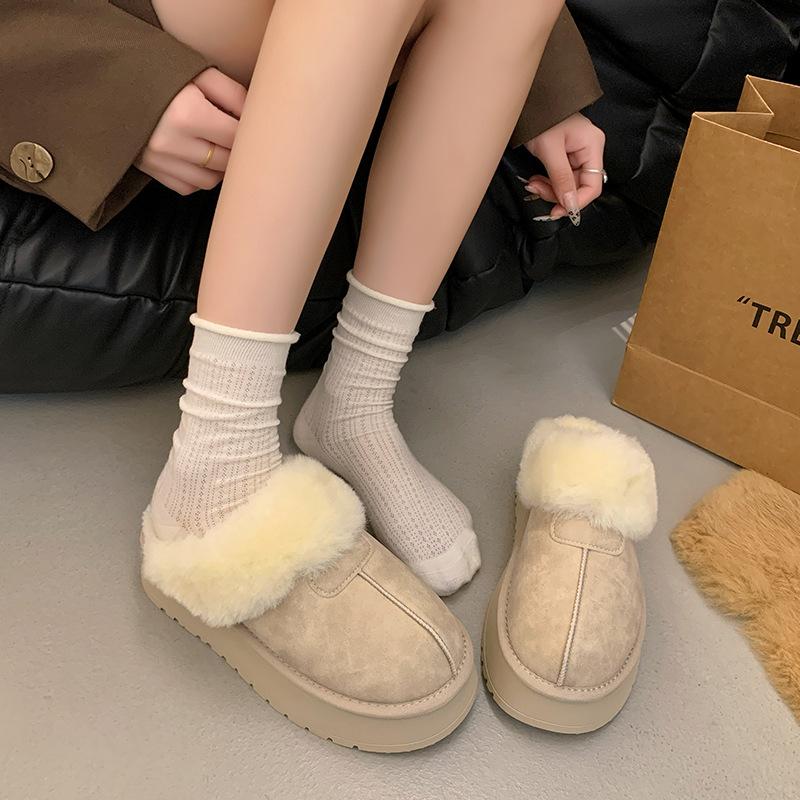 Women's Hairy Mouth Soft Bottom Large Size Thickened Winter Warm Fur One Padded Lining Ankle Boots Non-slip Baotou Cotton Half Slippers