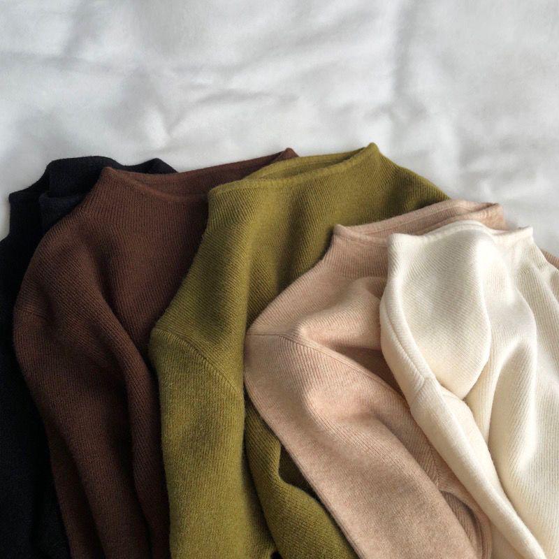 Women's 2024 Black Mock Neck Sweater: Base Layer for Spring & Autumn, Loose Half-High Neck Top.